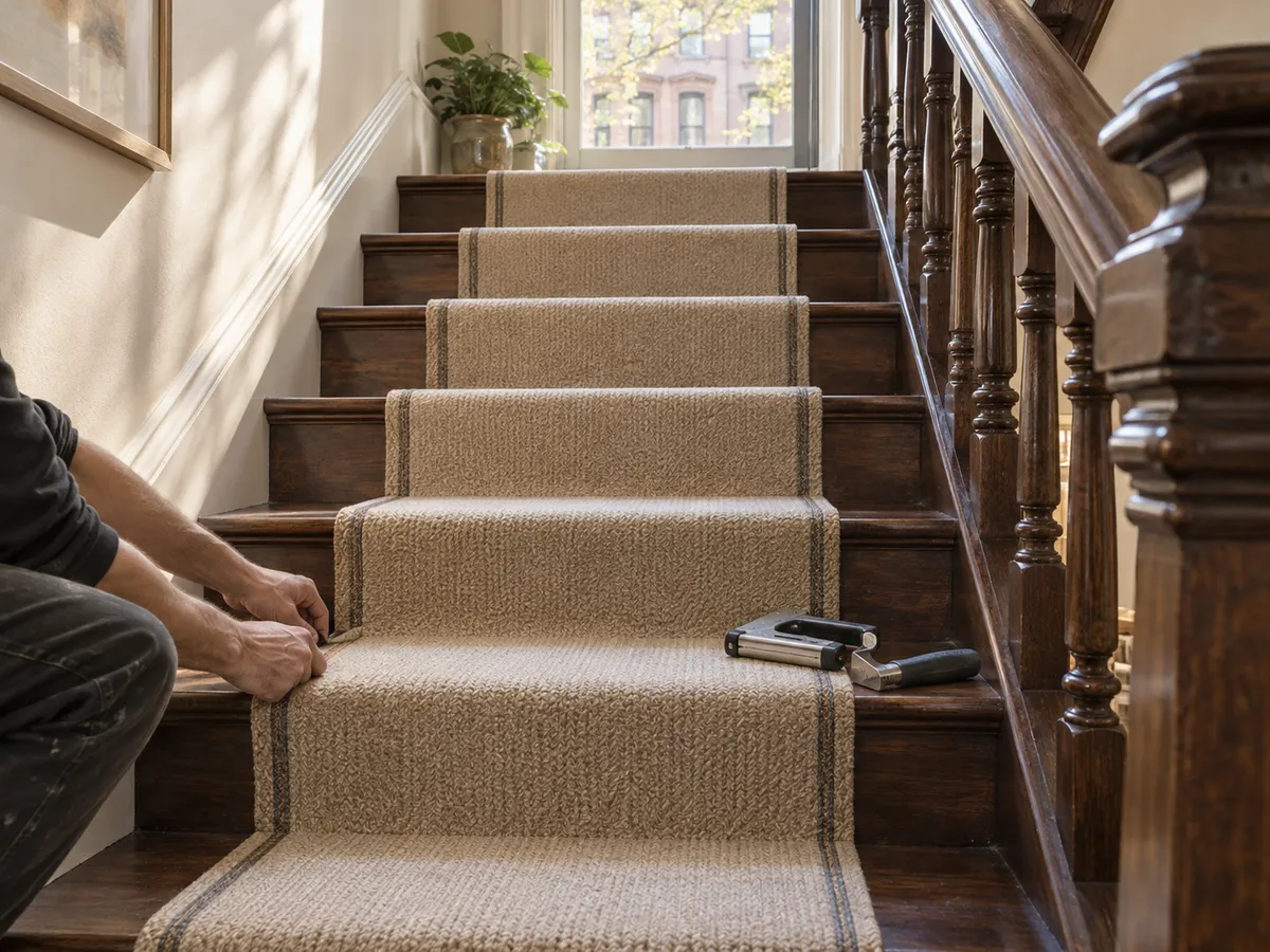 A carpet runner being fitted on brownstone stairs with the wood showing at each side