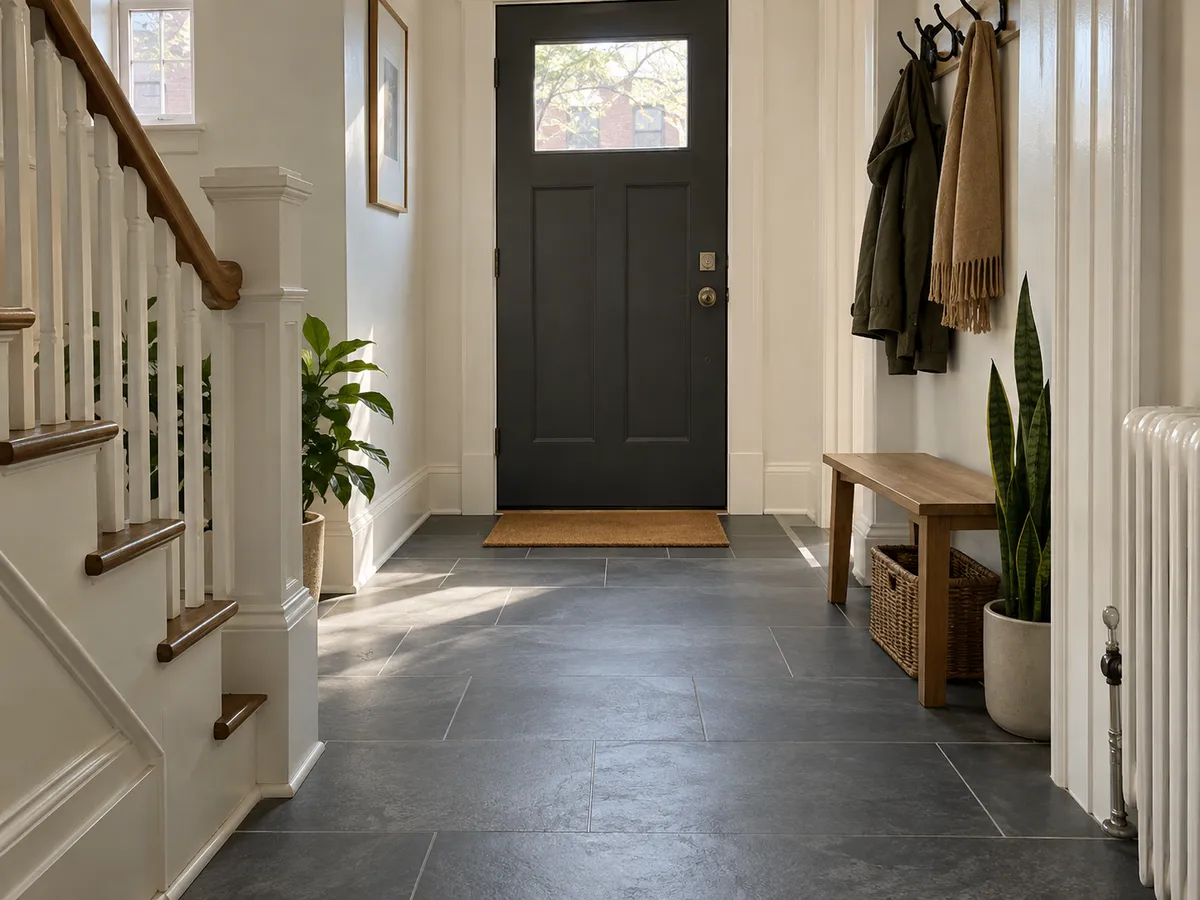 A new grey tile floor in the entry of a Brooklyn house