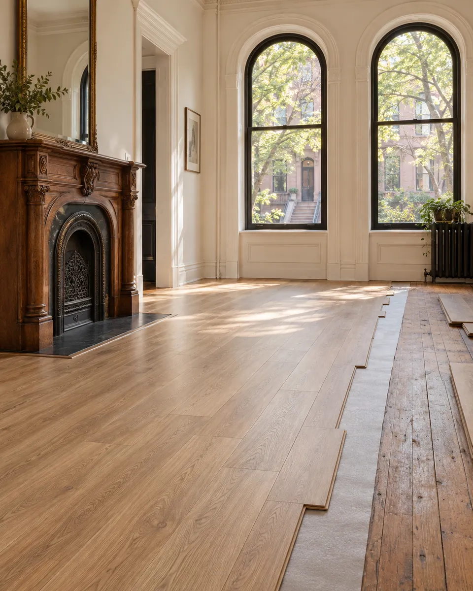 A Brooklyn brownstone parlor floor part way through a new plank floor