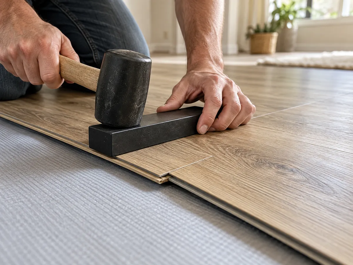 Two vinyl planks being joined with a tapping block over thin underlayment